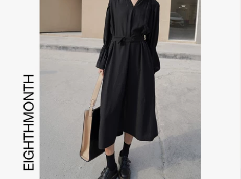 EM 黑色法式连衣裙长款春装2021年新款...