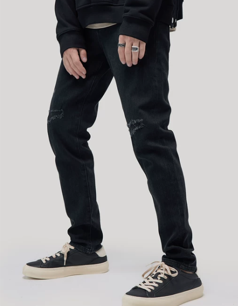 裤子男修身 裤子男裤春秋款黑色破洞牛仔裤男...