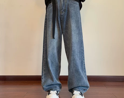 国潮水洗做旧阔腿直筒牛仔裤男秋季新款ins...