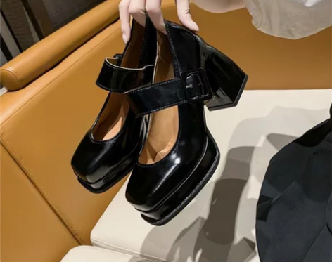 法式玛丽珍鞋高跟鞋 粗跟 黑色 37码 全...