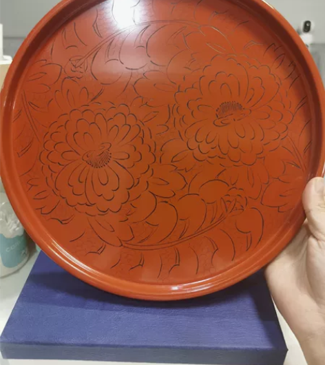 日本漆器 祖雅堂 厚实木胎 大漆  牡丹雕...