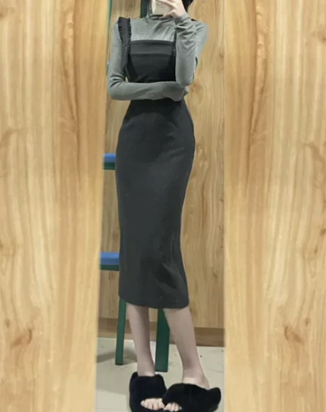 法式背带连衣裙女秋冬气质名媛修身包臀吊带裙...