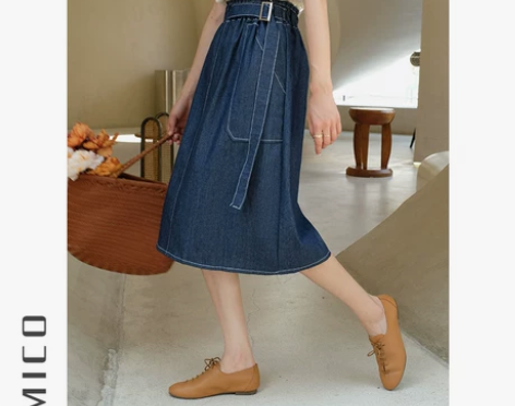 蓝色牛仔裙薄款半身裙女夏季高腰A字裙中长款...