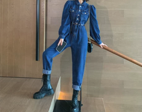 泡泡袖牛仔连体裤套装女春秋2021年新款时...
