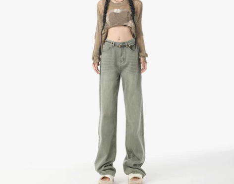 哲娜纯美式高街牛仔裤女复古高腰设计感新款休闲宽松阔腿拖地长...