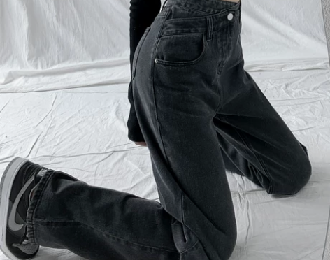 黑灰色阔腿牛仔裤女春装2022年新款宽松高...