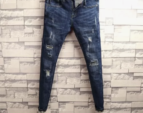 个性猫须贴布修身牛仔裤男韩版水洗蓝青年破洞...