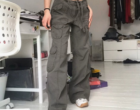 ROCKMORE美式复古多口袋做旧工装裤女...