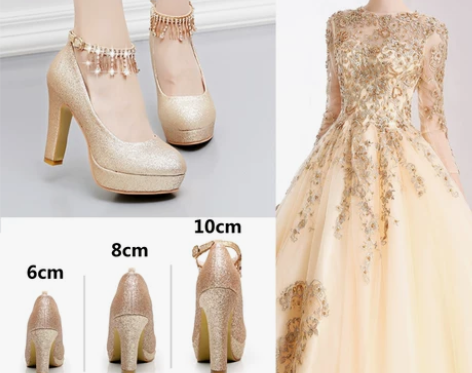 金色高跟鞋婚鞋女春季粗跟新娘鞋中跟香槟色防...