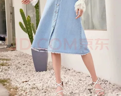 百图 单排扣高腰 牛仔半身裙 显瘦A字裙 ...