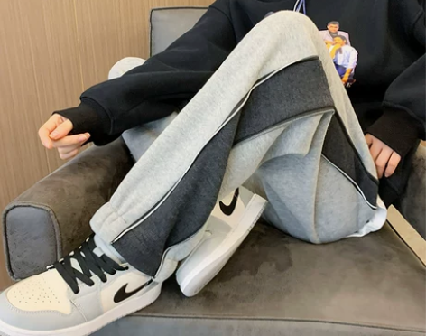 灰色运动裤女宽松束脚春秋高腰垂感直筒拉链阔...