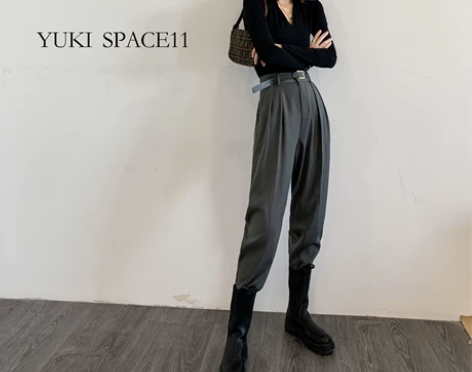 秋季法式工装裤女显瘦高腰宽松直筒萝卜哈伦束...