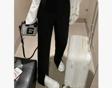 黑色不规则开叉西装裤女春秋垂感分衩小个子高...