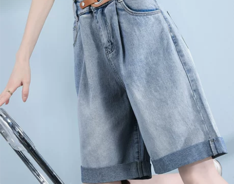 宽松阔腿港风牛仔五分短裤女夏季薄款大码高腰...