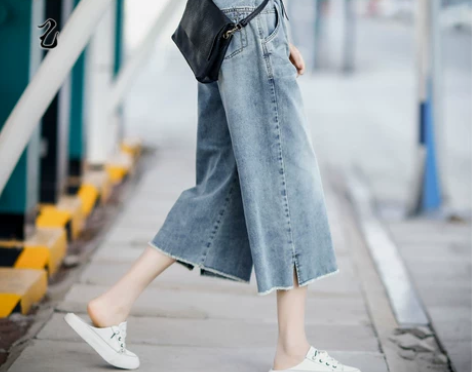 2022春夏新品七分纯棉阔腿牛仔裤女高腰毛...