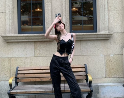 F PROJECT 黑色多口袋阔腿裤女宽松高腰显瘦休闲直筒工...