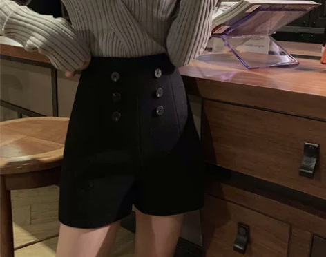 高腰双排扣加厚毛呢短裤女秋冬休闲百搭  M...