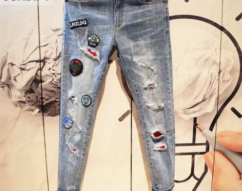 春夏男士牛仔长裤时尚ins潮流水洗个性贴标...
