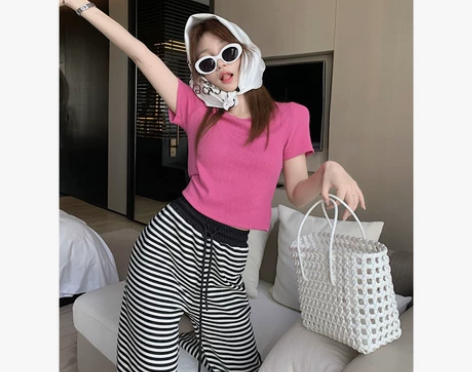 港味黑白条纹休闲裤女夏季宽松薄款阔腿裤垂感...