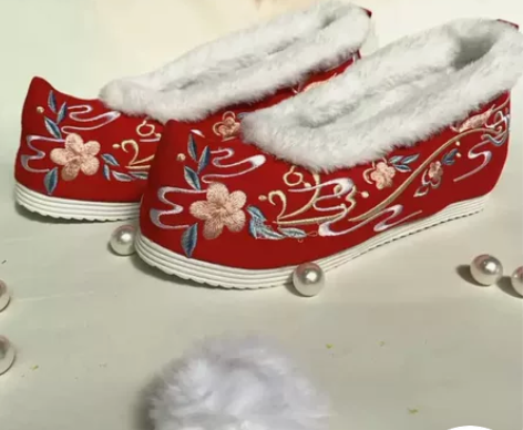 劲合原创汉服鞋女冬季加绒古风平底绣花鞋民族...