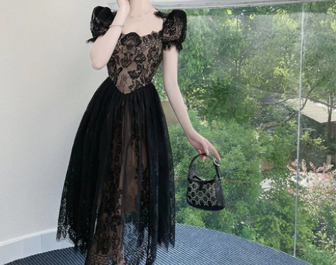 舟舟浪漫宫廷风连衣裙绝美2022仙女蕾丝泡...