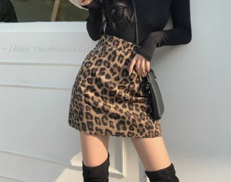 气质豹纹裙子女2021秋冬季新款高腰显瘦短...