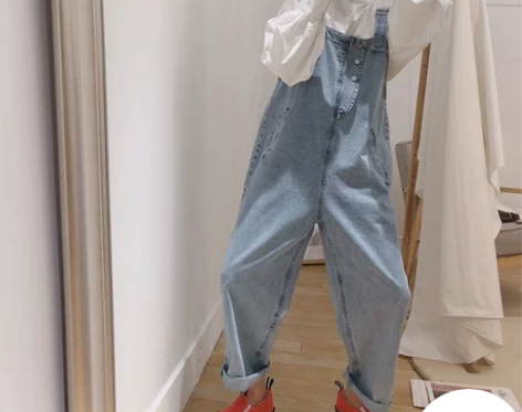 背带牛仔九分裤女夏季2020新款胖妹妹韩版...