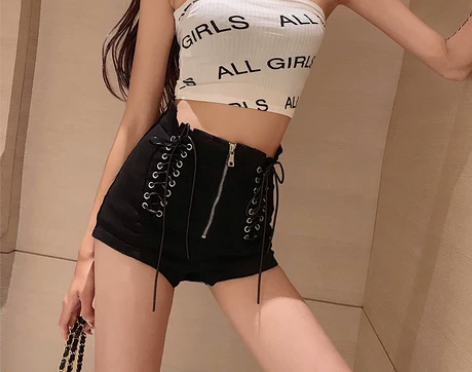 黑色牛仔短裤女绑带高腰显瘦拉链紧身包臀裤直...