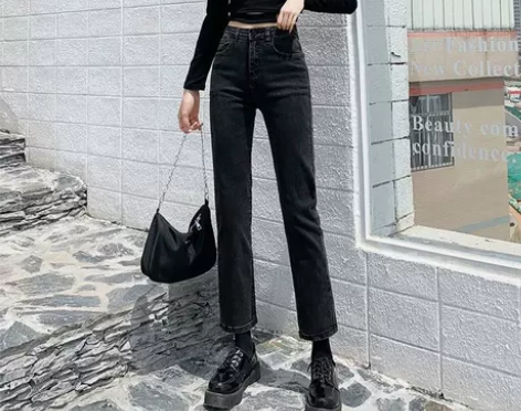黑灰色高腰牛仔裤女2022年秋冬新款修身直...