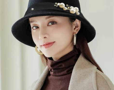 秋冬季帽子女时尚英伦大檐礼帽女复古珍珠圆顶...