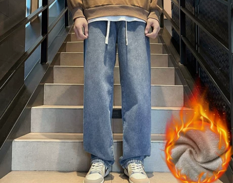 加绒牛仔裤男冬季潮牌复古直筒宽松青年阔腿裤...