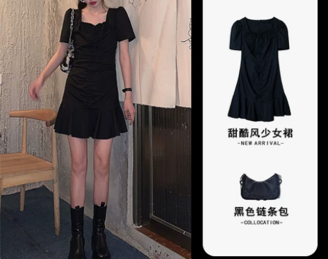 2021年新款春法式初恋赫本风小黑裙茶歇气...