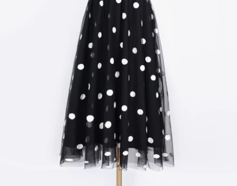2022新款春季黑白点网纱裙波点半身裙女纱...
