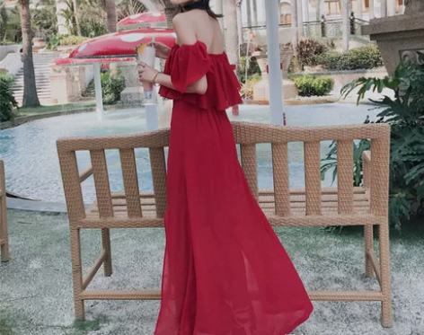 云南尼泊尔度假荷叶边一字肩露脐套装连衣裙酒...