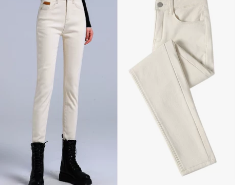 米色牛仔裤女小脚裤秋冬高腰加绒加厚女裤弹力...