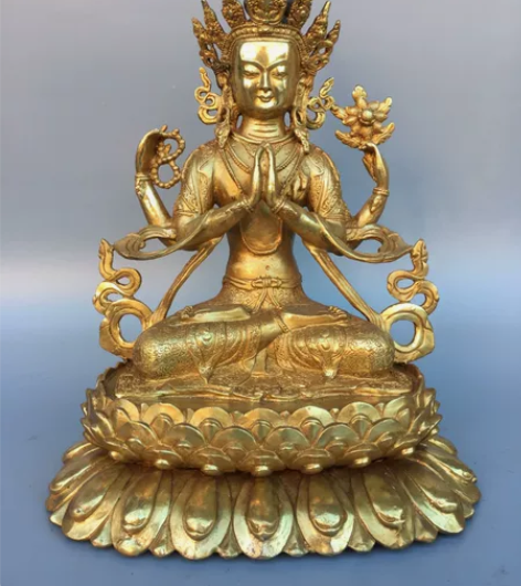 旧货低价处理鎏金四臂观音菩萨佛像莲花台坐佛...