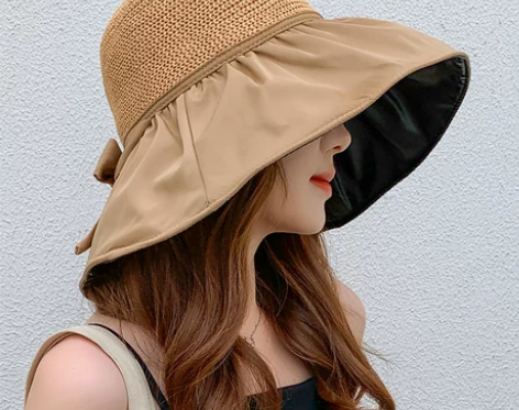 夏季黑胶蝴蝶结遮阳帽女镂空草帽防紫外线大檐...