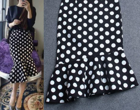 明星款韩版春夏新款透气波点包臀裙不规则鱼尾...