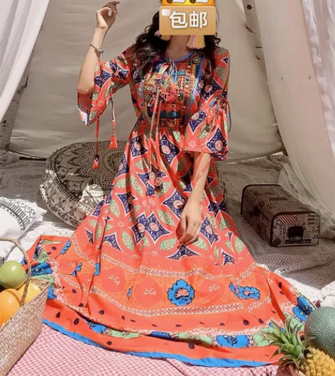 草原西北沙漠拍照裙子复古波西米亚民族风旅游...