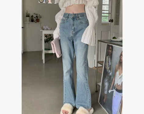 高腰微喇叭牛仔裤女秋季新款大码胖mm百搭宽...