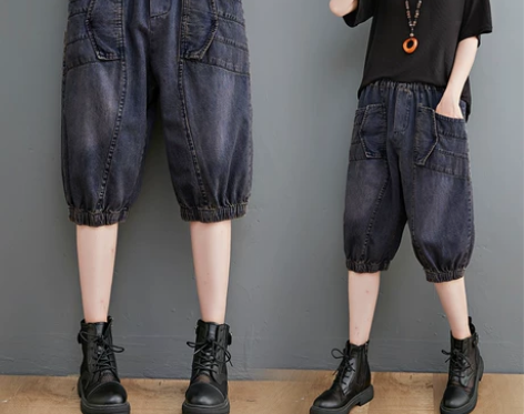 胖妹妹阔腿裤休闲七分牛仔裤韩版夏季大码哈伦...