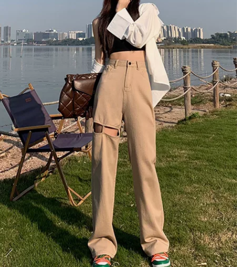 启遇破洞阔腿宽松牛仔裤女高腰2022年夏季...