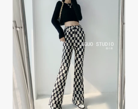 美式复古棋盘格裤子女秋冬加绒高腰显瘦直筒阔...