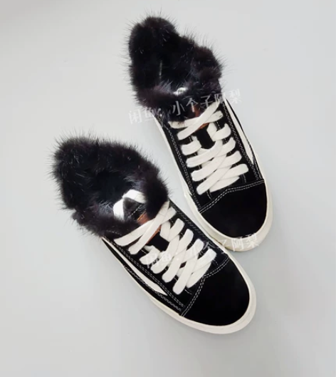 全新33码小码秋冬水貂毛小黑鞋系带厚底板鞋...