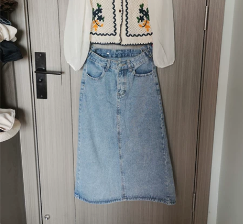 印花针织田园风小外套+A字版牛仔裙 牛仔裙...