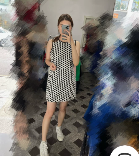 黑白圆形几何图案无袖连衣裙，短款，偏运动风...