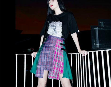 芍药居少女原创 复古港风 格纹拼接设计感皮...