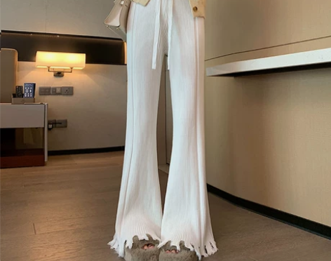 【狂欢价】垂感流苏针织裤女秋冬款高腰微喇叭...