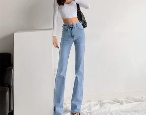 欧美性感紧身包臀高腰阔腿牛仔裤女弹力微喇超...