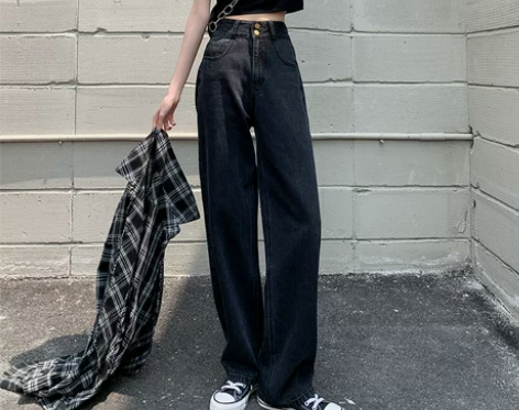 ?【乐活价】2021春秋新款黑色高腰直筒阔...